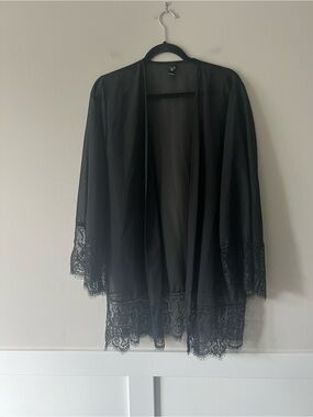 Windsor Black Sheer Lace Trim Open Front Kimono Robe Cardigan
